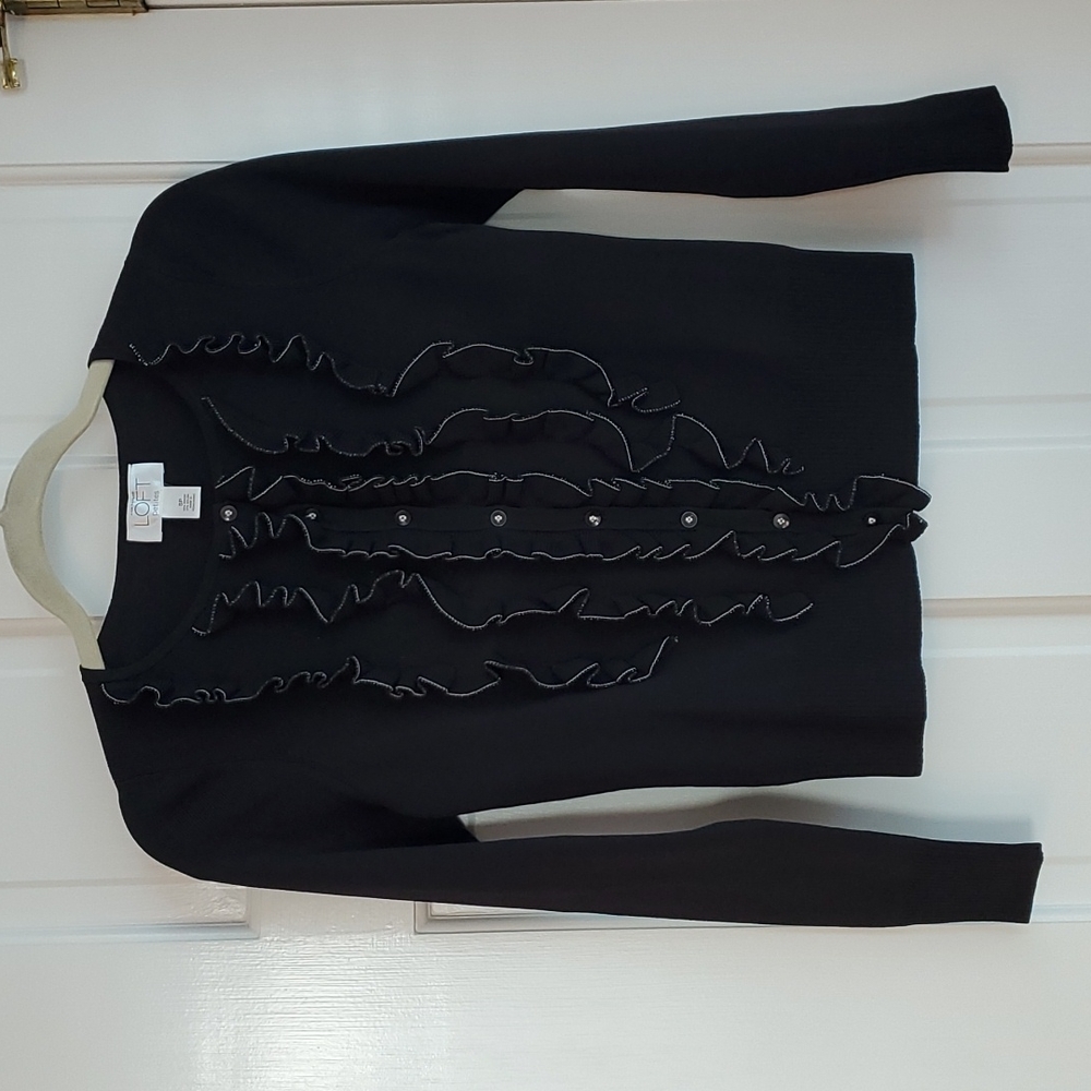 Ann Taylor Loft petite ruffle front cardigan, dark navy with white contrast